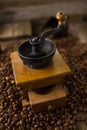 Old Vintage Coffee Grinder on a Pile of Coffee Beans Royalty Free Stock Photo