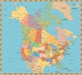 Old vintage color political map of USA and Canada