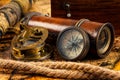 Old vintage compass and navigation instruments on ancient map Royalty Free Stock Photo