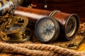 Old vintage compass and navigation instruments on ancient map Royalty Free Stock Photo