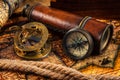 Old vintage compass and navigation instruments on ancient map Royalty Free Stock Photo