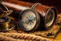 Old vintage compass and navigation instruments on ancient map Royalty Free Stock Photo