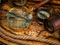 Old vintage compass and navigation instruments on ancient map Royalty Free Stock Photo