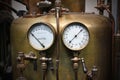 Old vintage copper high pressure balloon with 2 air gage manometer Royalty Free Stock Photo