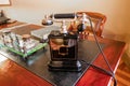 An old vintage corded telephone for communication over a wooden desk. One of the first telephones in Europe from the 1880s Royalty Free Stock Photo