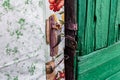 Old vintage door handles. Rusty metal locks and latches. Protective devices for wooden yard Royalty Free Stock Photo