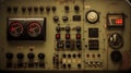 Old vintage electrical control panel with buttons and gauges. Generative AI