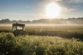 Old Vintage farm tractor in field on a bright summer morning Royalty Free Stock Photo