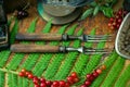 Old vintage forks, fern leaf berry currants