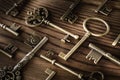 Old vintage golden keys on wooden background