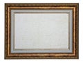 Old vintage golden wood picture frame with blank white canvas