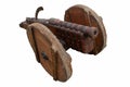 Old vintage gunpowder cannon on wooden carriage with large wheels isolated