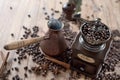 old vintage hand grinder with Coffee beans and spices Royalty Free Stock Photo