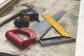 Old vintage hand tools on a wood background working tools Royalty Free Stock Photo