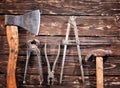 Old vintage hand tools on wooden background Royalty Free Stock Photo
