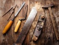 Old vintage hand tools on wooden background.