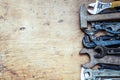 Old vintage hand tools on wooden background. Top view. With copy space Royalty Free Stock Photo