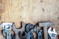 Old vintage hand tools on wooden background. Top view. With copy space Royalty Free Stock Photo