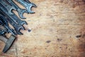 Old vintage hand tools on wooden background. Top view. With copy space Royalty Free Stock Photo