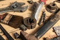 Old vintage household hand tools still life on a wooden background in a DIY and repair concept Royalty Free Stock Photo