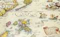 Old vintage illustration part of world map close up view with mermaid, sea monsters and islands Royalty Free Stock Photo