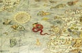 Old vintage illustration part of world map close up view with sea monsters and islands Royalty Free Stock Photo