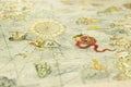 Old vintage illustration part of world map close up view with sea monsters and islands Royalty Free Stock Photo