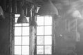 Old vintage Industrial interior with bright light coming through windows. Beautiful sunlight Royalty Free Stock Photo