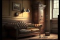 Old vintage interior with leather sofa,hyperrealism, photorealism, photorealistic