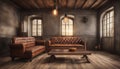 Old vintage interior with leather sofa, wood table and ceiling light