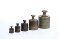 Old and vintage iron scale weights on the white background Royalty Free Stock Photo