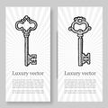 Old vintage keys vector banners set. Illustration of silver antique keys on retro background to lock and unlock any Royalty Free Stock Photo