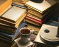 old vintage lamp illuminates a Cup of coffee vintage books