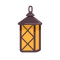 Old vintage lantern. Hanging metal and glass lamp with glowing golden light from candle inside. Decorative interior