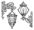 Old vintage lantern sketch illustration in engraving style. Wall street lamp isolated on white background Royalty Free Stock Photo