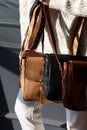 Old vintage leather bags with leather strap. Beautiful small women& x27;s leather bags Royalty Free Stock Photo