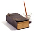 Old vintage leather bound book and inkwell Royalty Free Stock Photo