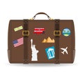 Old vintage leather suitcase with travel stickers. Vector image of travel suitcase with patches Royalty Free Stock Photo