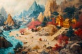 Old Vintage Map Of Magical Lost Land, A Painting Of A Temple And A River