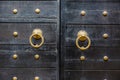 Old vintage massive wooden black door with metal locker and hand