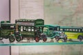 Aldershot, UK - 5th September 2020: Old vintage model bus toys from Aldershot on display in a museum in Hampshire UK