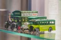 Old vintage model bus toys from Aldershot on display in a museum in Hampshire UK