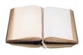 An old vintage open book reflecting on a white surface Royalty Free Stock Photo
