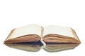 An old vintage open book reflecting on a white surface Royalty Free Stock Photo