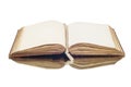 An old vintage open book reflecting on a white surface Royalty Free Stock Photo