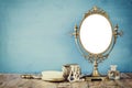 Old vintage oval mirror and woman toilet fashion objects