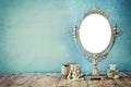 Old vintage oval mirror and woman toilet fashion objects Royalty Free Stock Photo