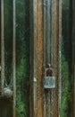 Old vintage padlock on the door covered with cobwebs. sinister look Royalty Free Stock Photo