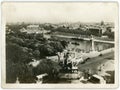 Old vintage paper photo print of bridges of Paris with Seine river in 1934