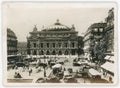 Old vintage paper photo print of the Paris Opera, old cars traffic in 1934e